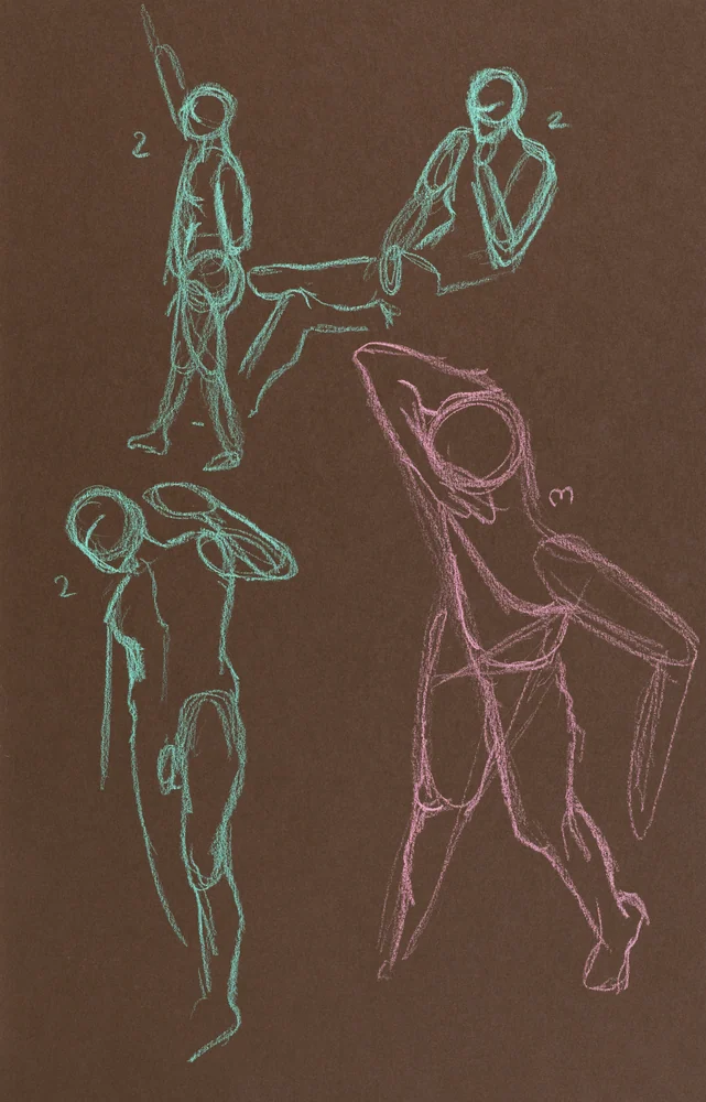 Gesture sheet, 4 poses by Riley Adamson
