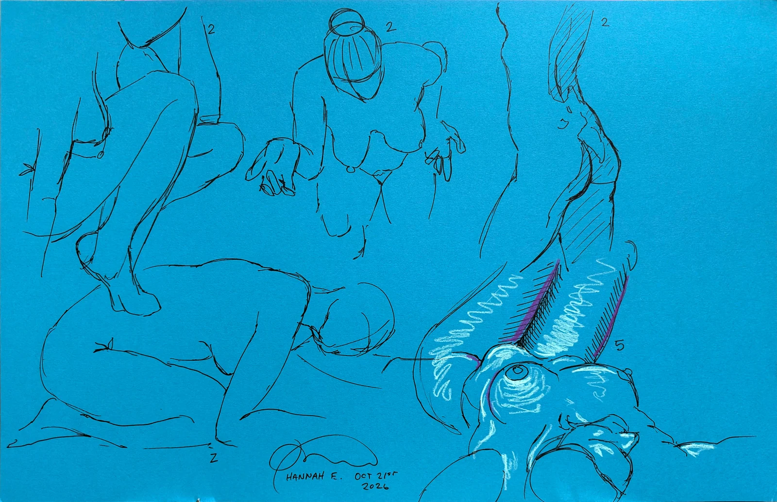 Gesture sheet, 5 poses by Riley Adamson
