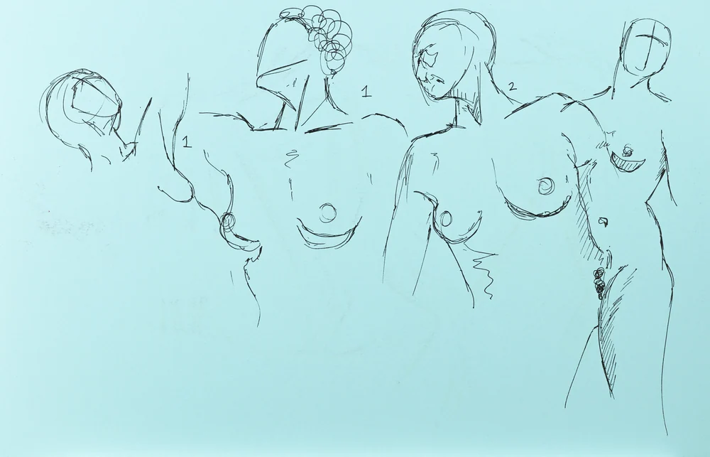 Gesture sheet, 5 poses by Riley Adamson