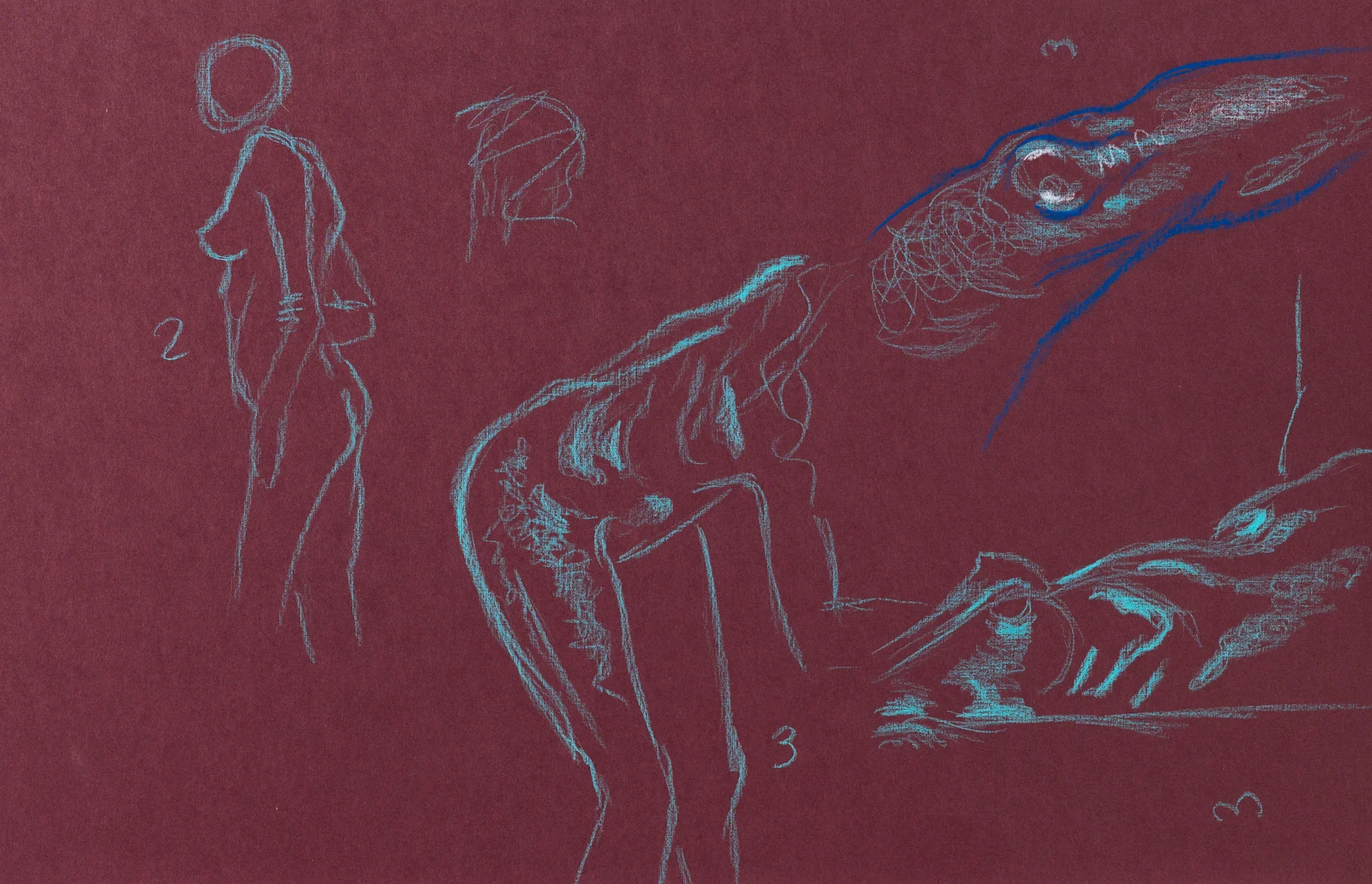 Gesture sheet, 4 poses by Riley Adamson