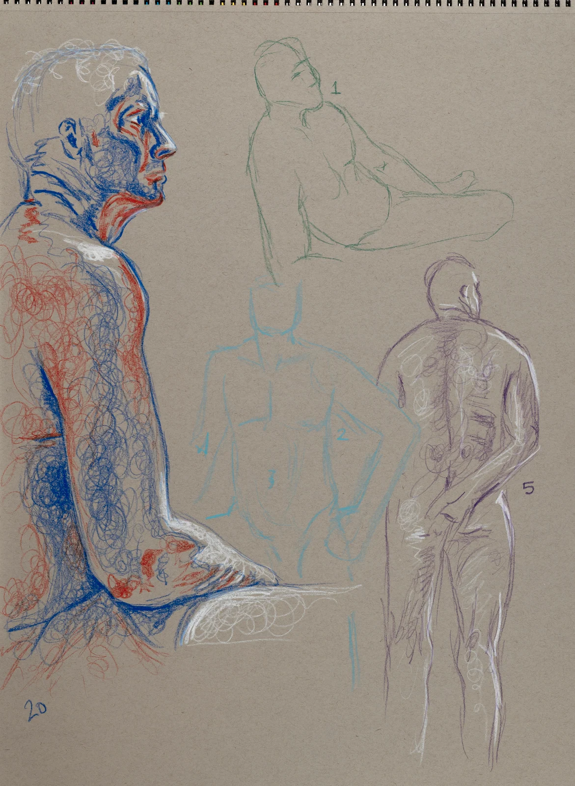 Gesture sheet, 4 poses by Riley Adamson