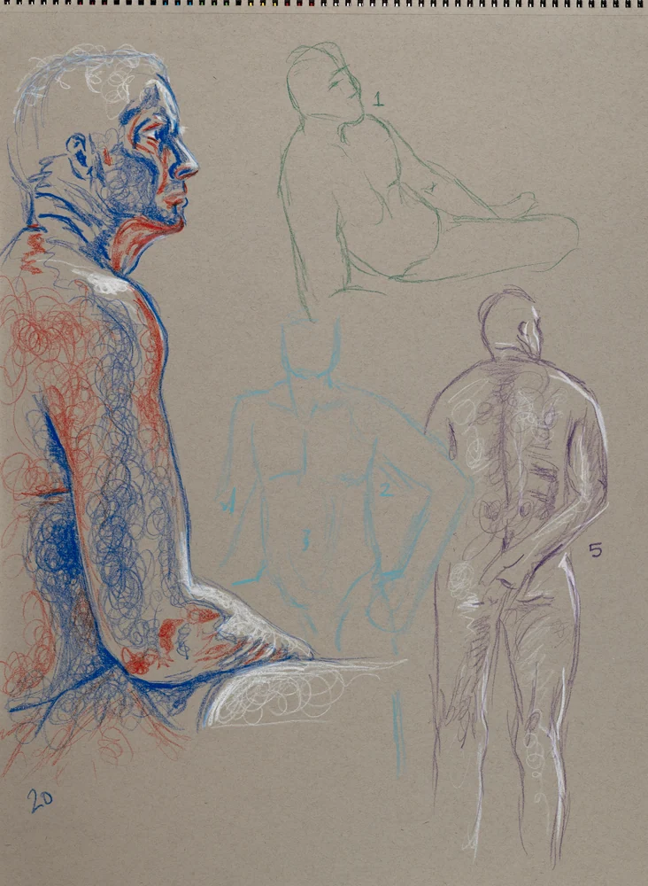 Gesture sheet, 4 poses by Riley Adamson