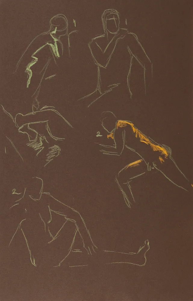Gesture sheet, 5 poses by Riley Adamson