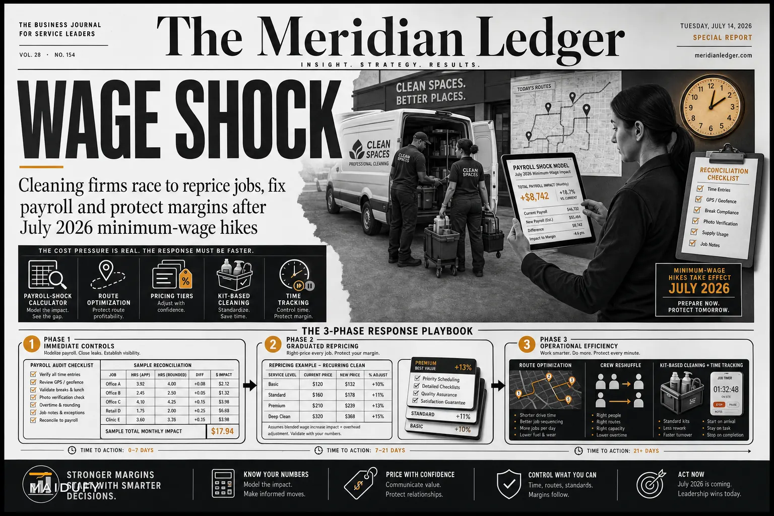 After the July 2026 Minimum‑Wage Hikes: A Practical Playbook to Protect Margins, Reprice Jobs and Fix Payroll for Cleaning Businesses