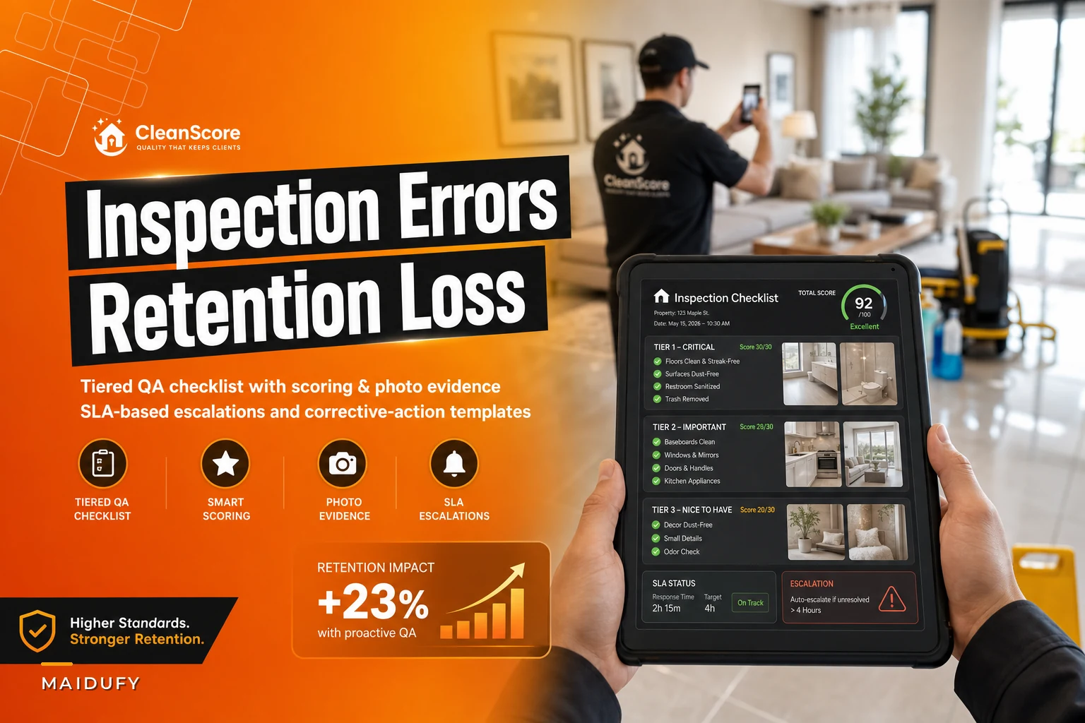 Inspection errors that cost retention: a tiered QA checklist with scoring, photo evidence and SLA escalations