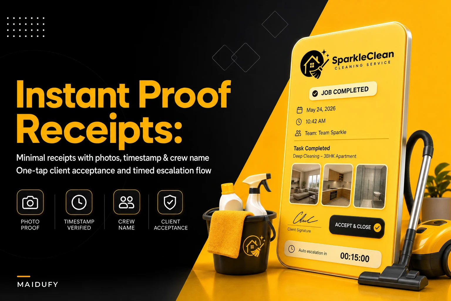 Proof-of-service receipts that cut disputes: instant digital receipts with photos, timestamps and one-tap acceptance