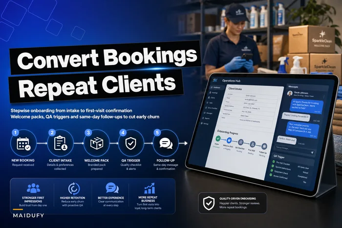 Turn new bookings into repeat clients: a stepwise onboarding flow with welcome packs and QA triggers