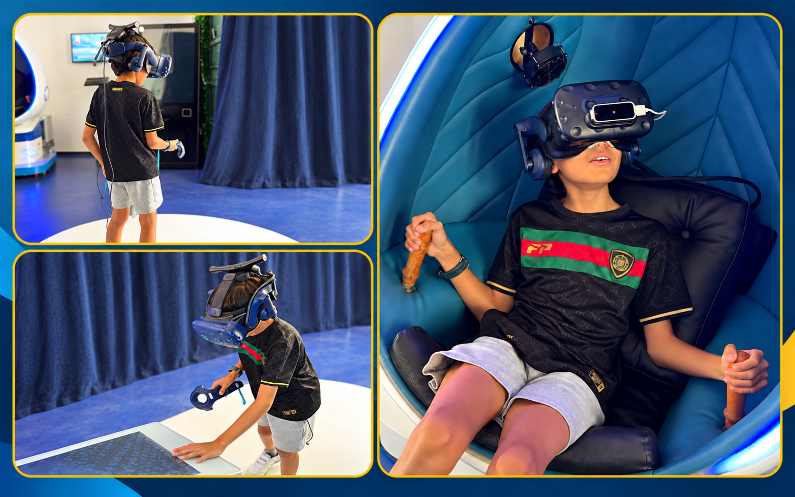 A child exploring interactive virtual reality stations and the motion chair at Madeira Immersive Experiences