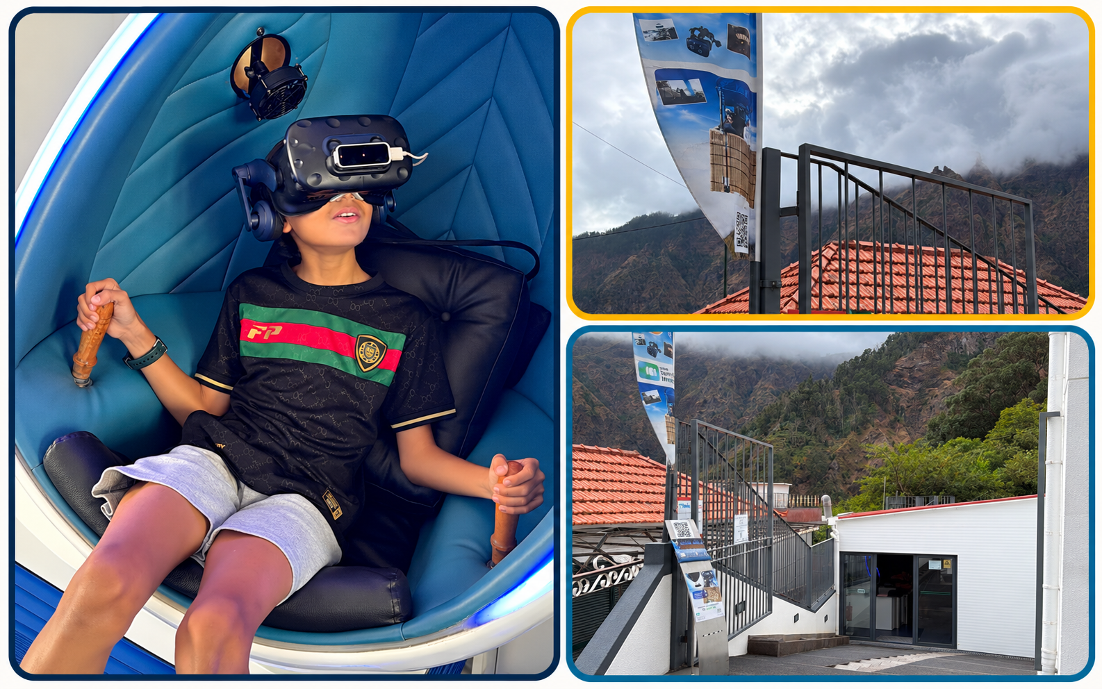A child trying the virtual reality experience at Madeira Immersive Experiences alongside exterior views of the venue in Curral das Freiras
