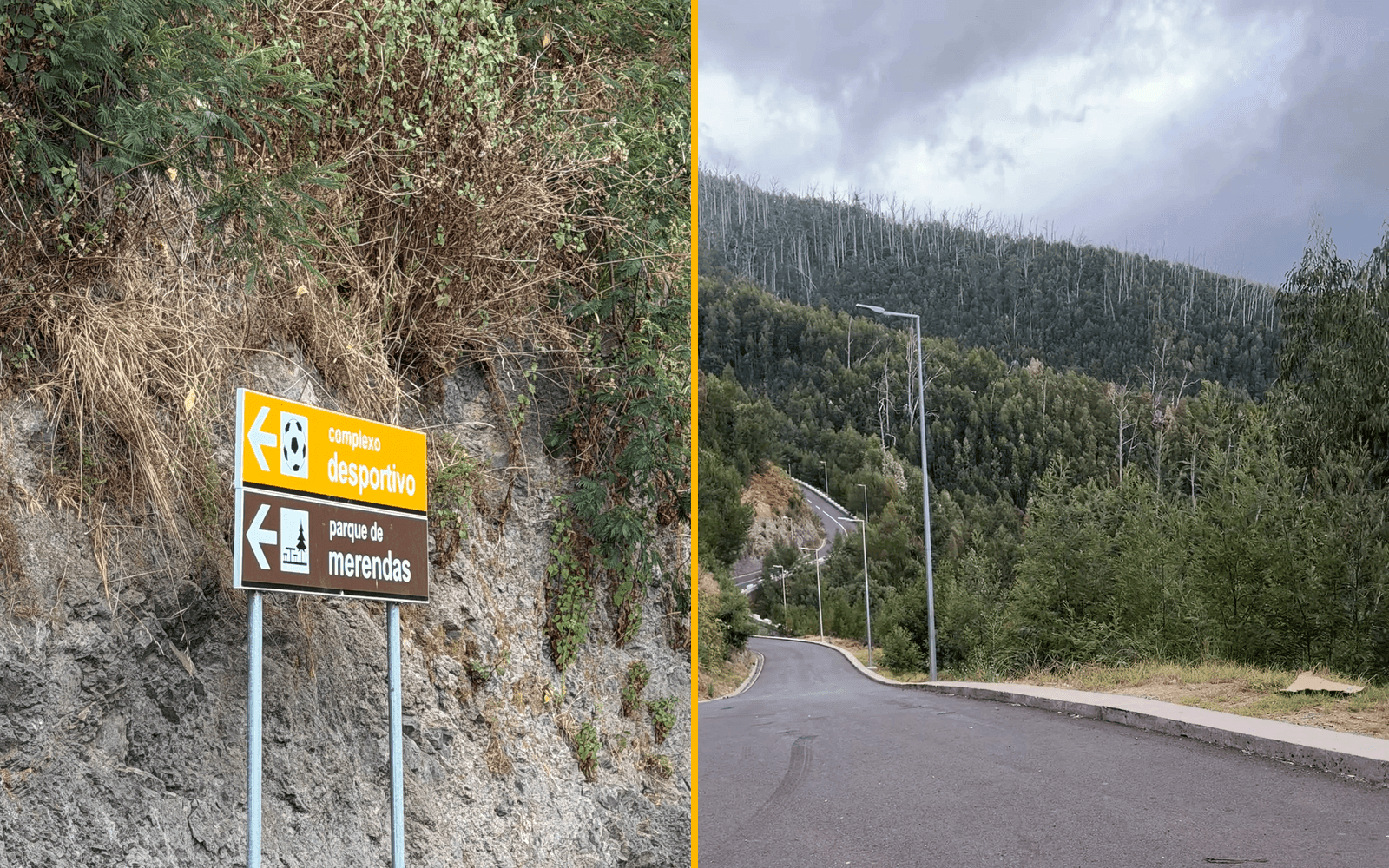 Brown picnic area road sign and steep access road leading to Parque de Merendas do Galeão