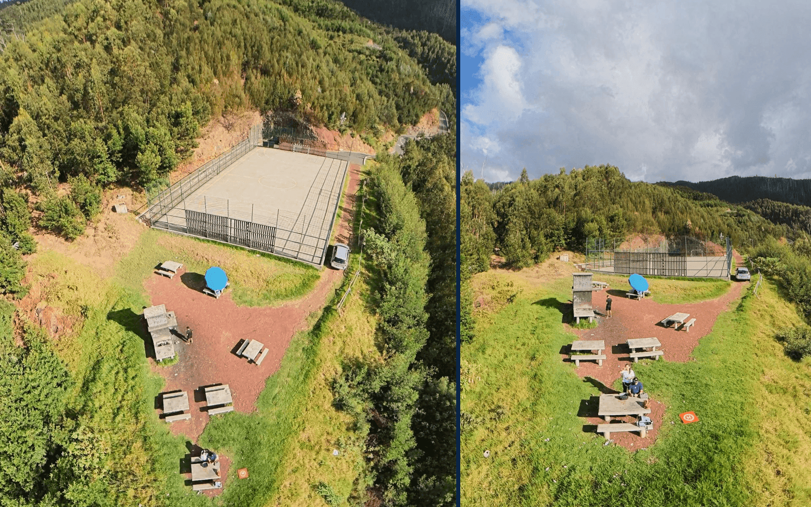Aerial views of Parque de Merendas do Galeão and the neighbouring sports court in the hills above Funchal