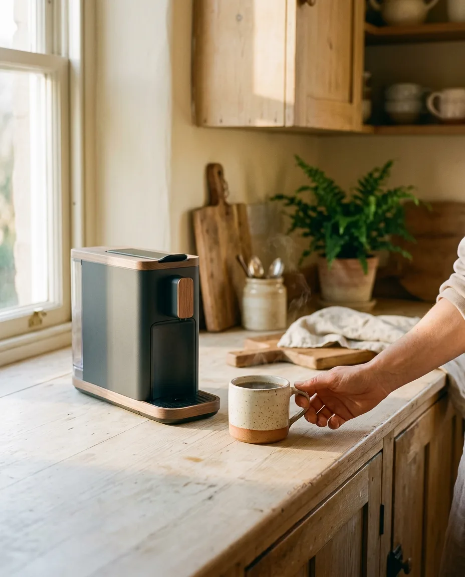 A person making coffee at home with a CoffeeB machine