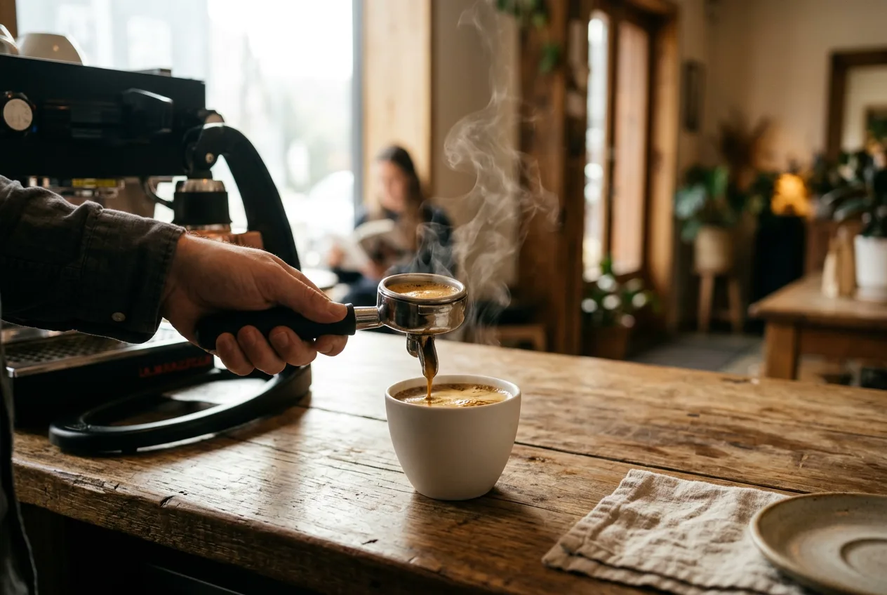 An espresso with a thick crema being brewed