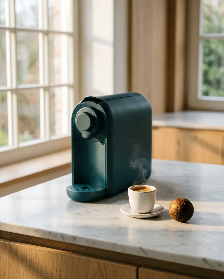 CoffeeB machine brewing a cup beside a compostable coffee ball