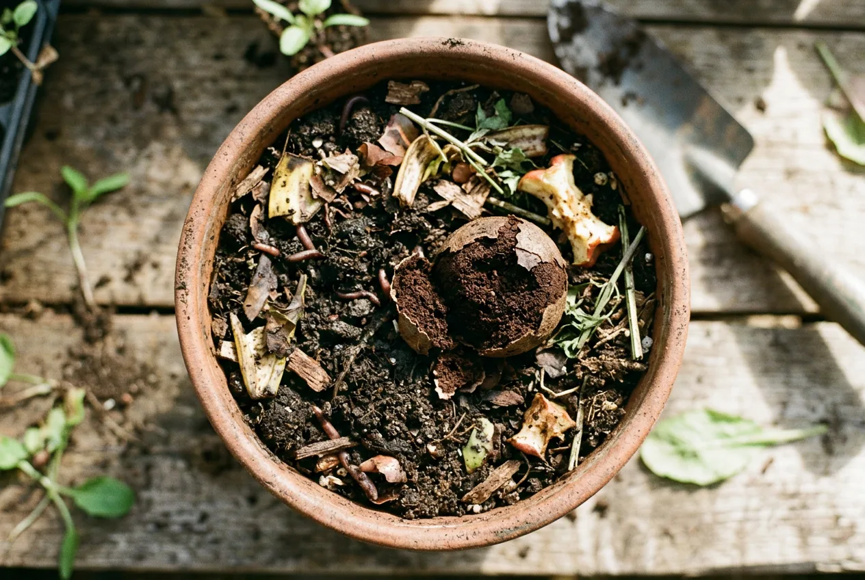 A used coffee ball composting in garden soil