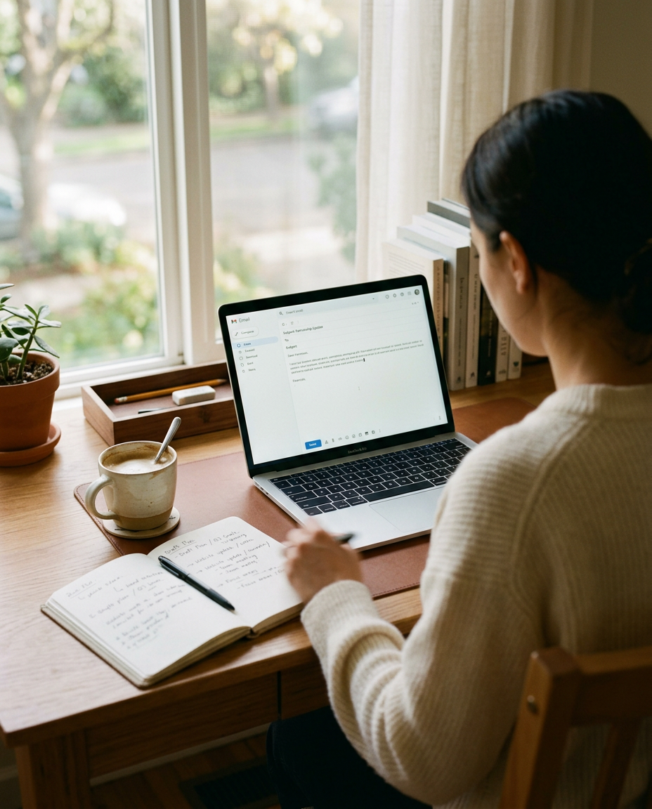 A founder writing email at a sunlit desk