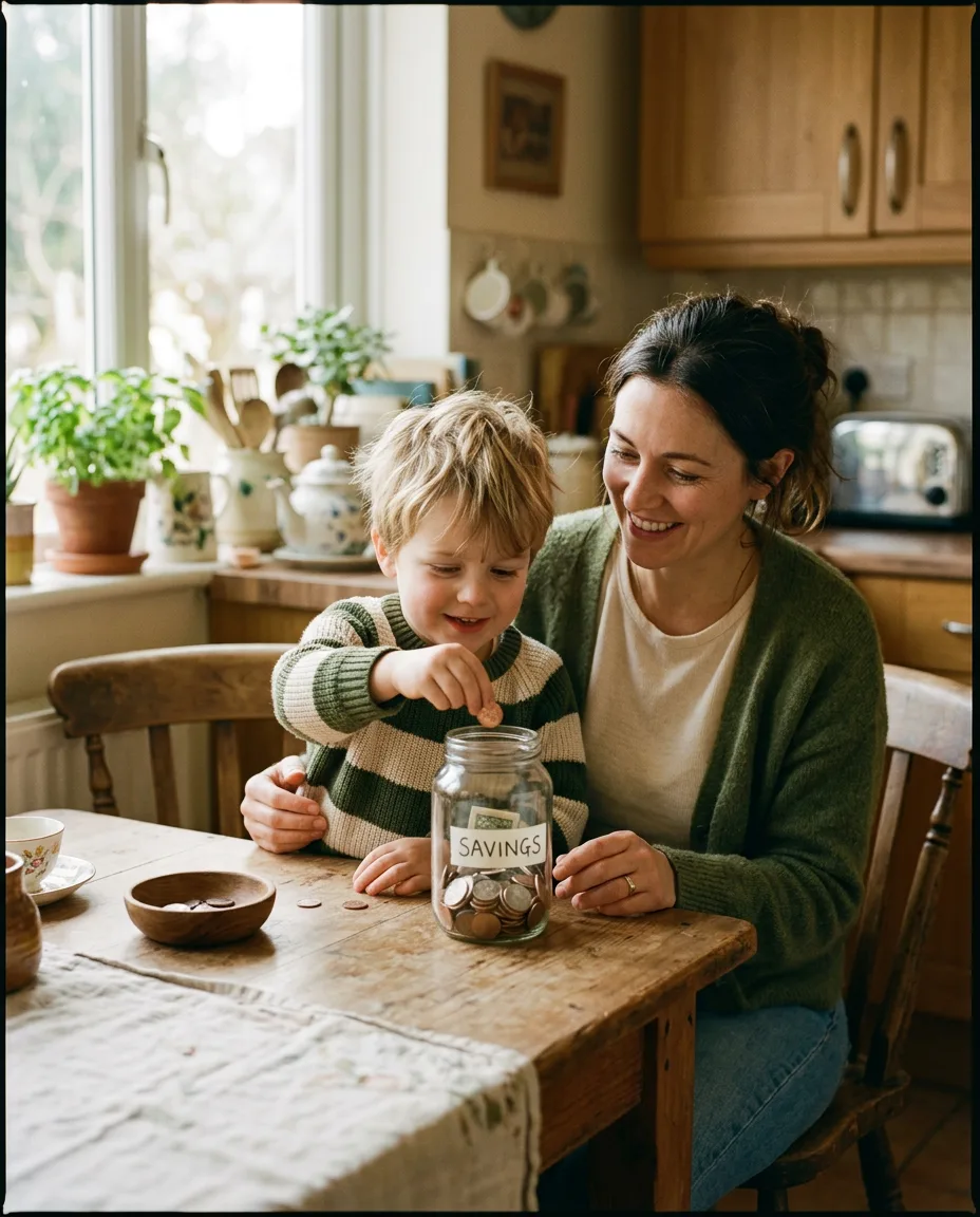 A child adds a coin to a glass jar with a parent nearby