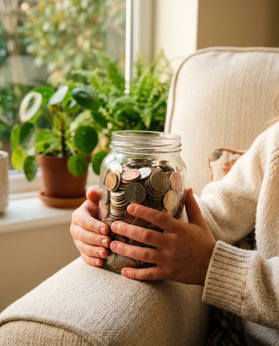 A child holds a full jar of coins
