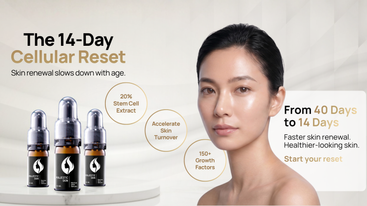 Majestic Skin human stem cell serum promoting accelerated 14-day skin renewal and collagen regeneration