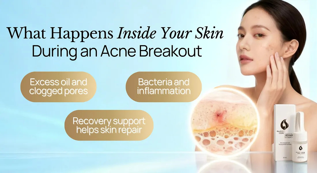 Illustration of acne breakout stages inside the pore and how Majestic Active Repair Essence peptide nano-technology supports skin repair from Japan