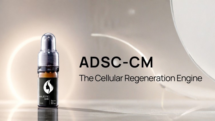 Scientific illustration of ADSC-CM growth factors activating fibroblasts and collagen production in skin regeneration