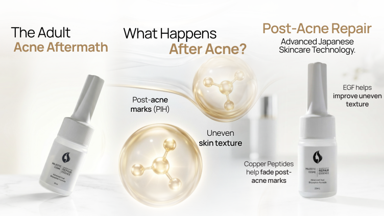 Majestic Active Repair Essence skincare from Japan EGF Copper Peptide post-inflammatory hyperpigmentation PIH repair uneven skin texture adult acne aftermath