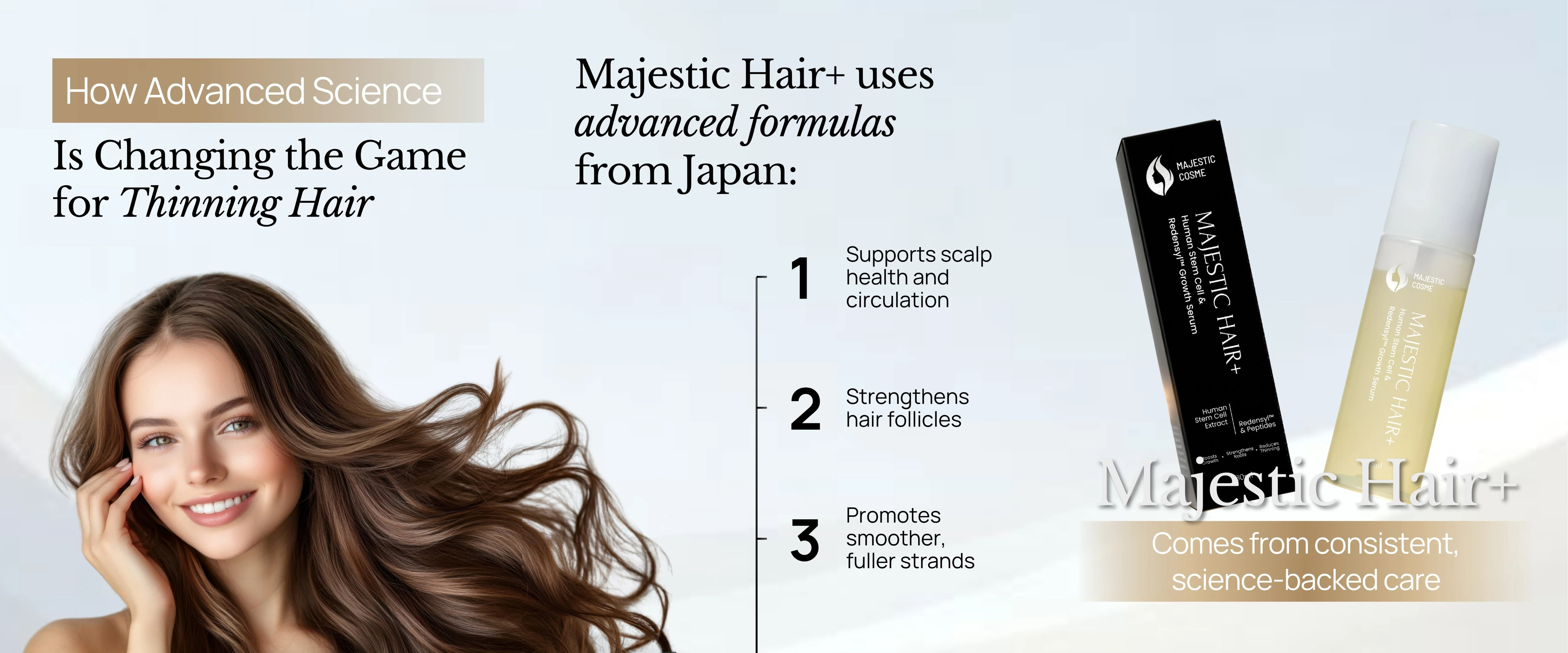 Majestic Hair+ advanced hair regrowth serum for thinning hair showing best hair loss treatment for women and men with biotechnology innovation