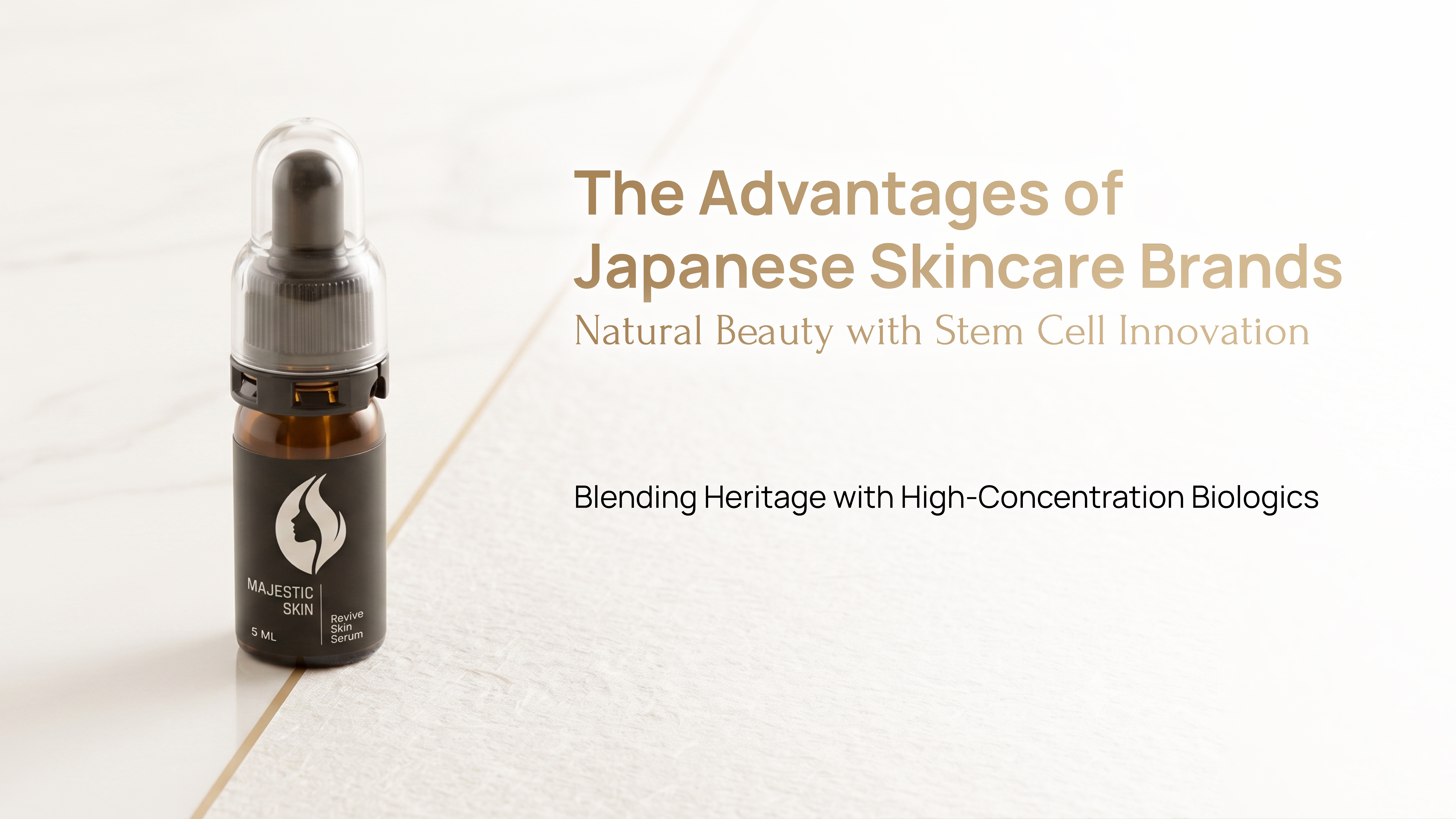 A flat-lay of Japanese skincare products and serum bottles, representing tradition, technology, and natural beauty