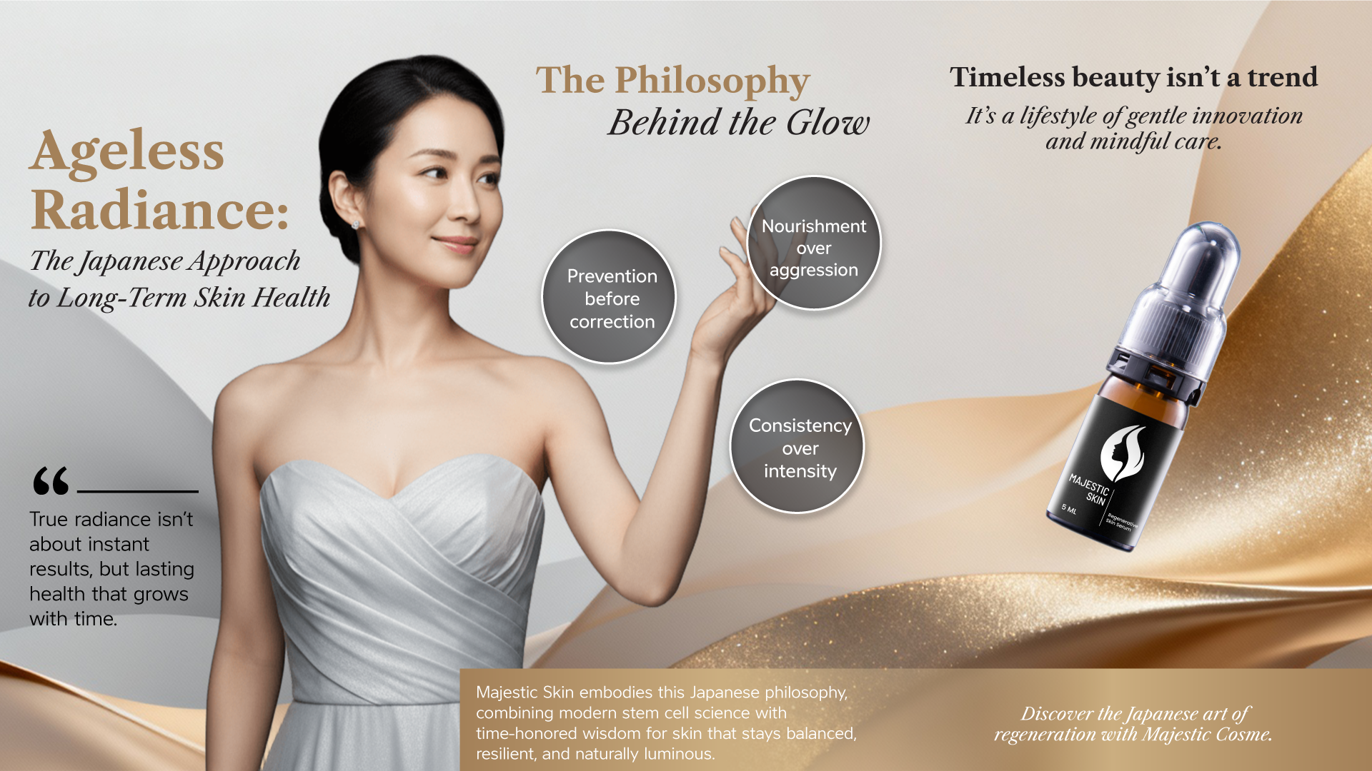 Majestic Skin Japanese anti-aging serum bottle with traditional Japanese aesthetic elements representing balance, harmony, and preventative skincare philosophy