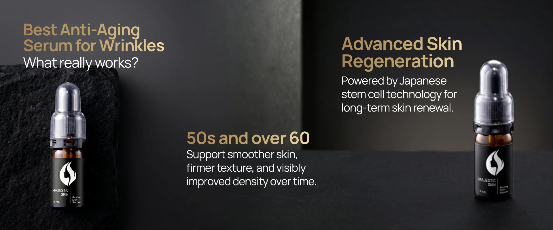 Best anti-aging serum for women over 50 and 60 showing Majestic Skin Japanese stem cell serum with 20% ADSC-CM and 150+ growth factors for deep wrinkle reduction and fibroblast activation