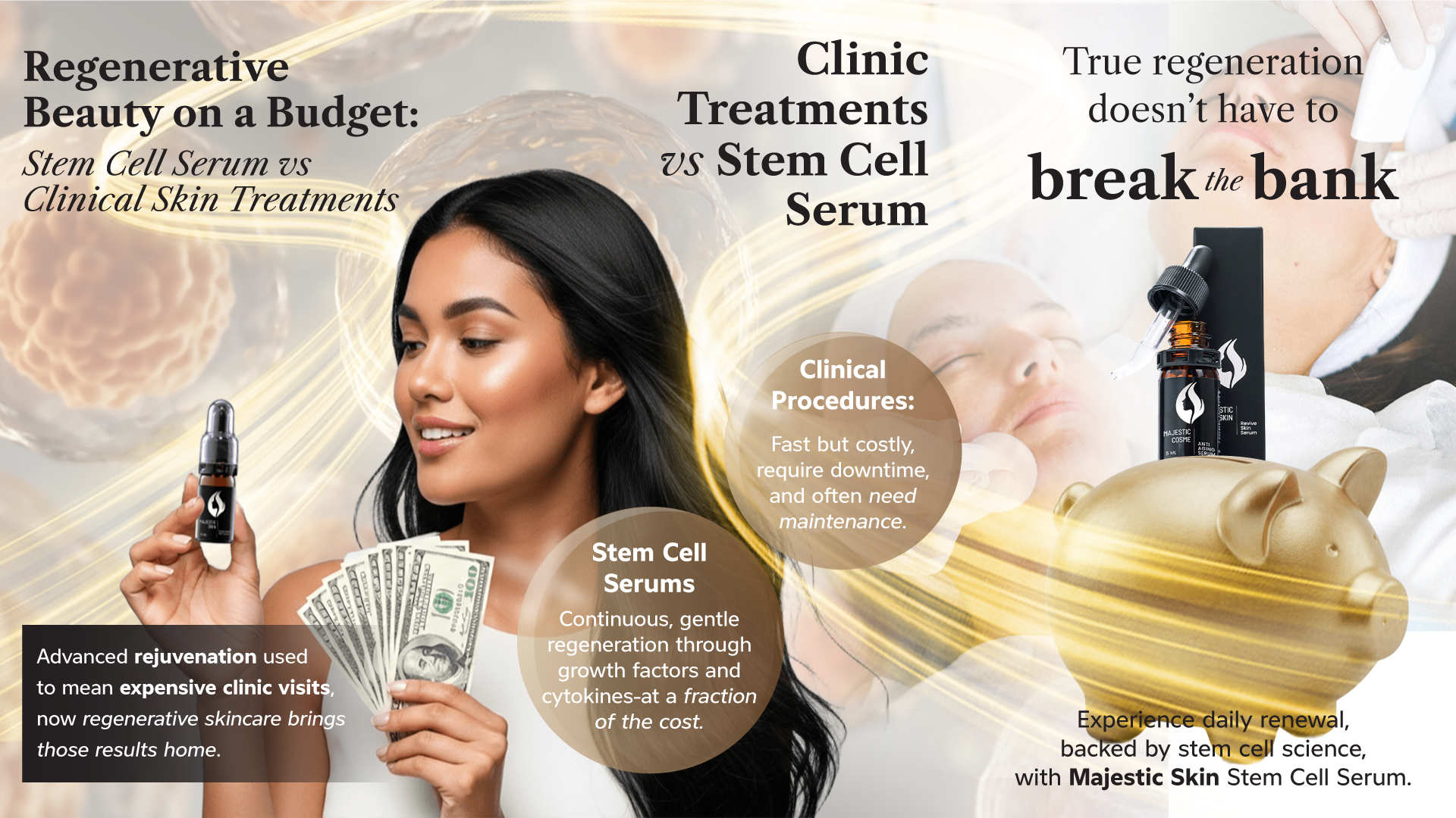 Comparison of clinical skin treatments versus Majestic Skin human stem cell serum showing cost and downtime differences for anti-aging results
