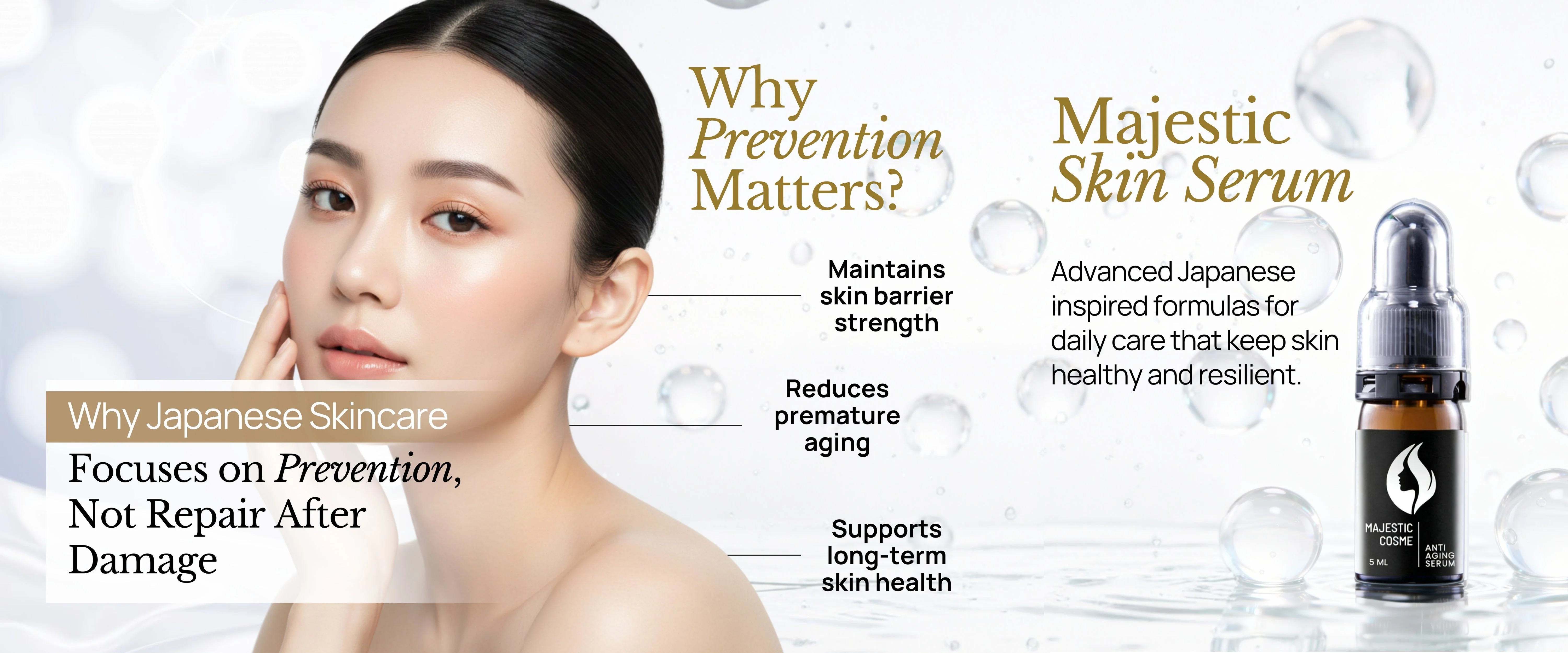 Best anti-aging serum for wrinkles Majestic Skin showing Japanese preventative approach using stem cell technology to maintain cellular health and prevent wrinkle formation