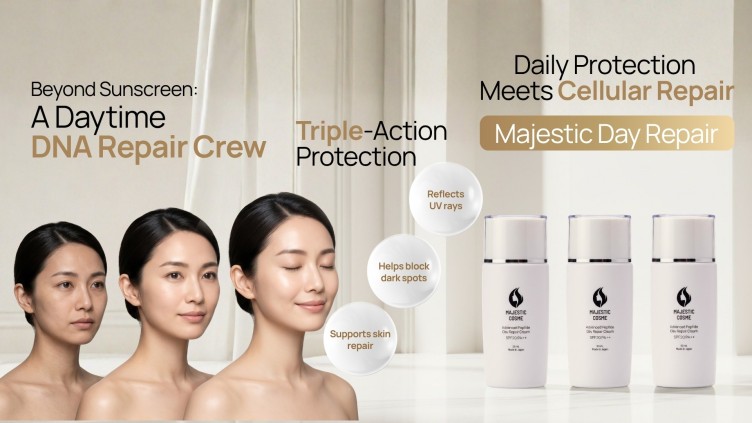 Majestic Day Repair Cream triple-action DNA repair crew for age spots and dark spots with Japanese Mineral Shield, ASP signal interceptor, and Human-Type HSP cellular restoration