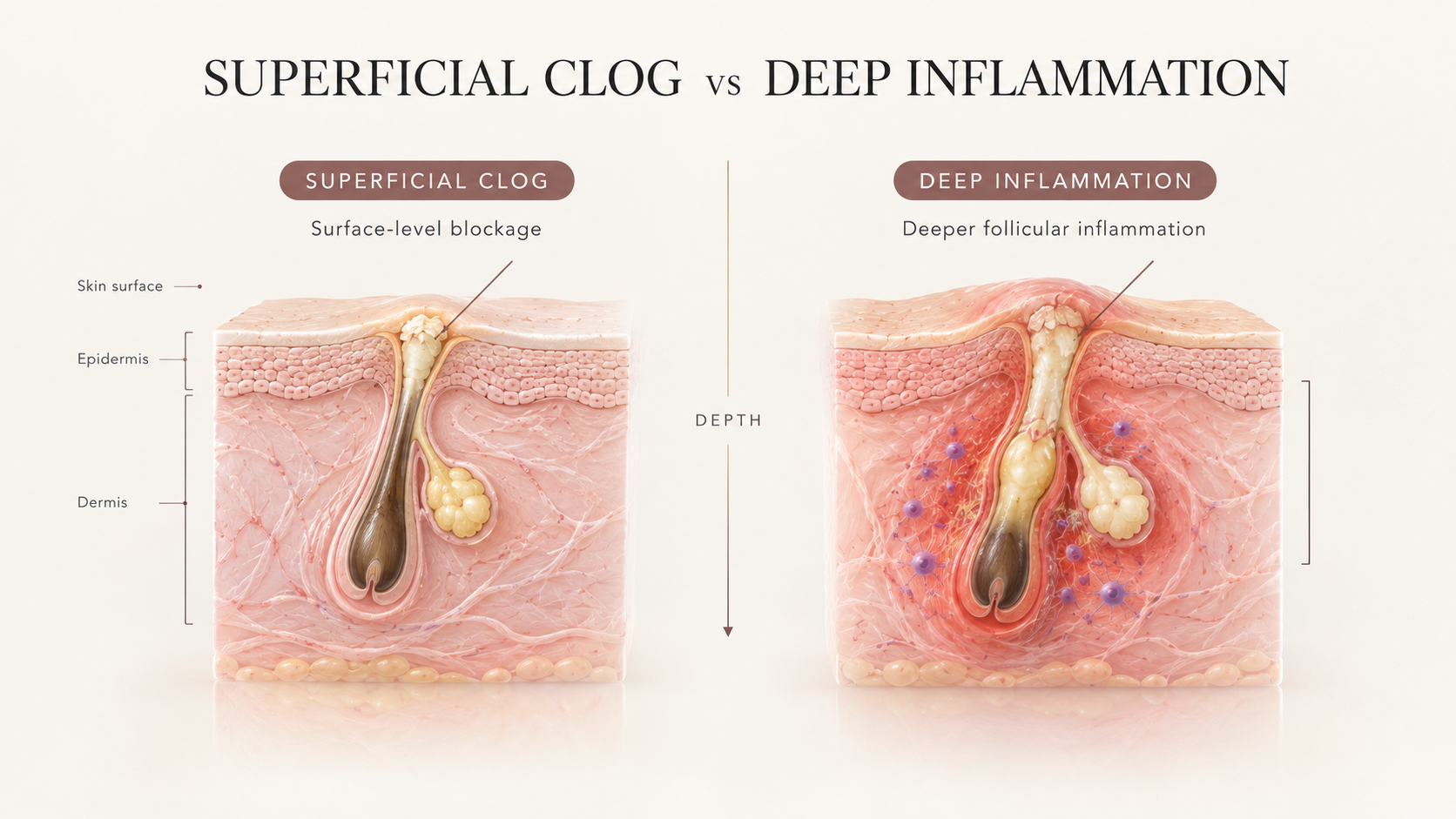 Diagram illustrating the difference in inflammatory depth between surface comedones and deep follicular inflammation in the dermal layer