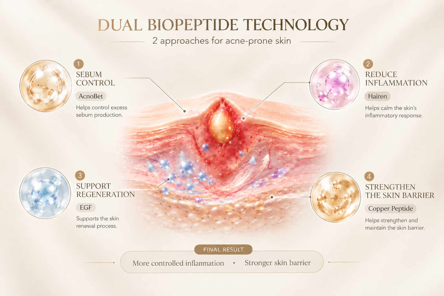 Diagram showing the 4-component mechanism of Dual Biopeptide Technology in treating acne and restoring the skin barrier