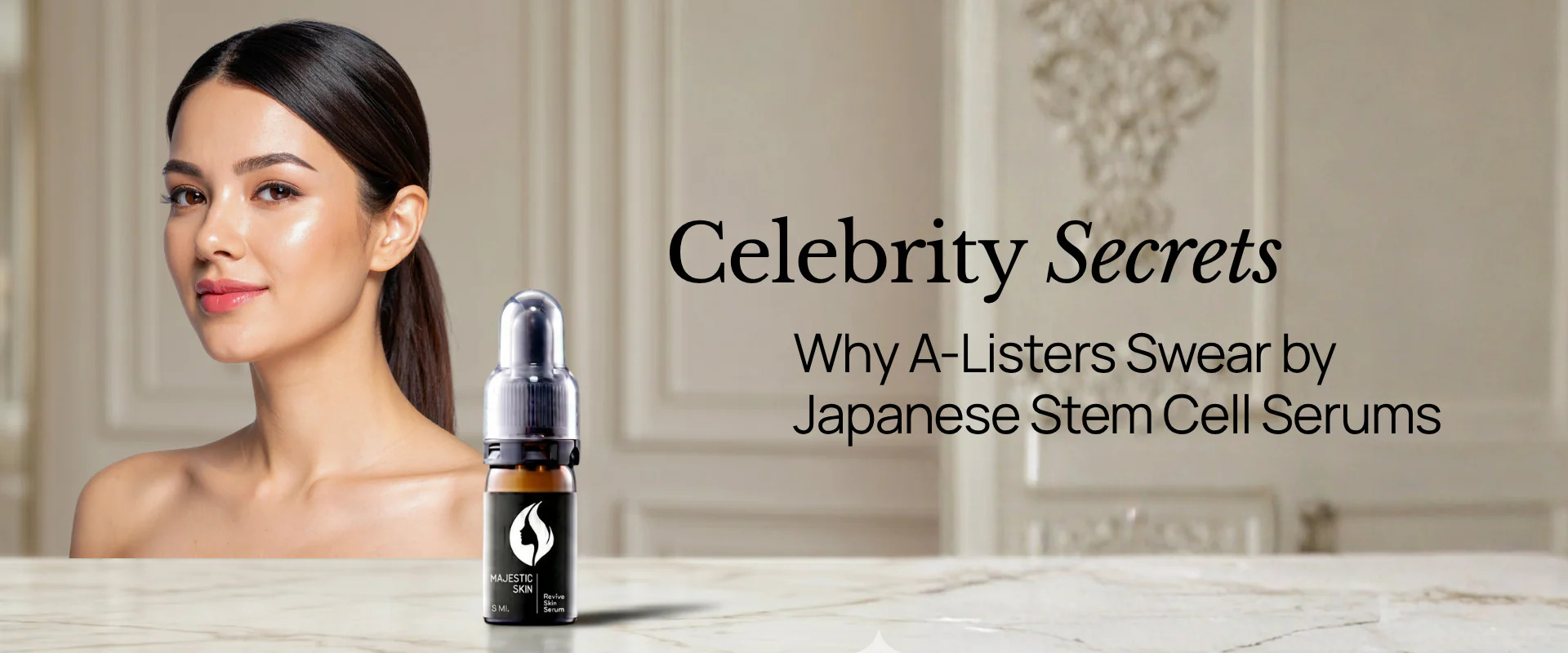 Sleek bottle of Japanese anti-aging serum with a subtle glow, hinting at the radiant skin it promotes, a celebrity-favored stem cell face serum for clinical-level results.