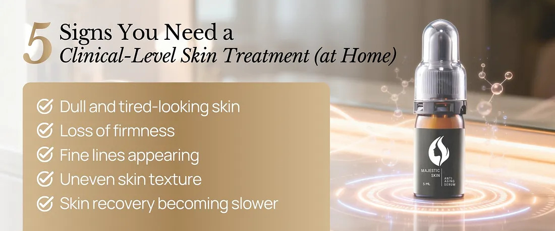 Woman applying Majestic Skin clinical-level stem cell serum at home showing signs of aging treatment without invasive procedures