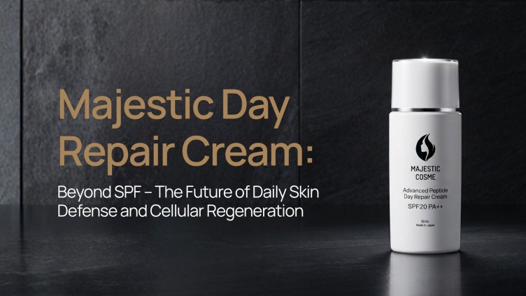 Majestic Day Repair Cream with Japanese mineral UV cut SPF20 PA++, HSP DNA repair technology, ASP anti-stress peptides, and biopeptide complex for daily cellular regeneration