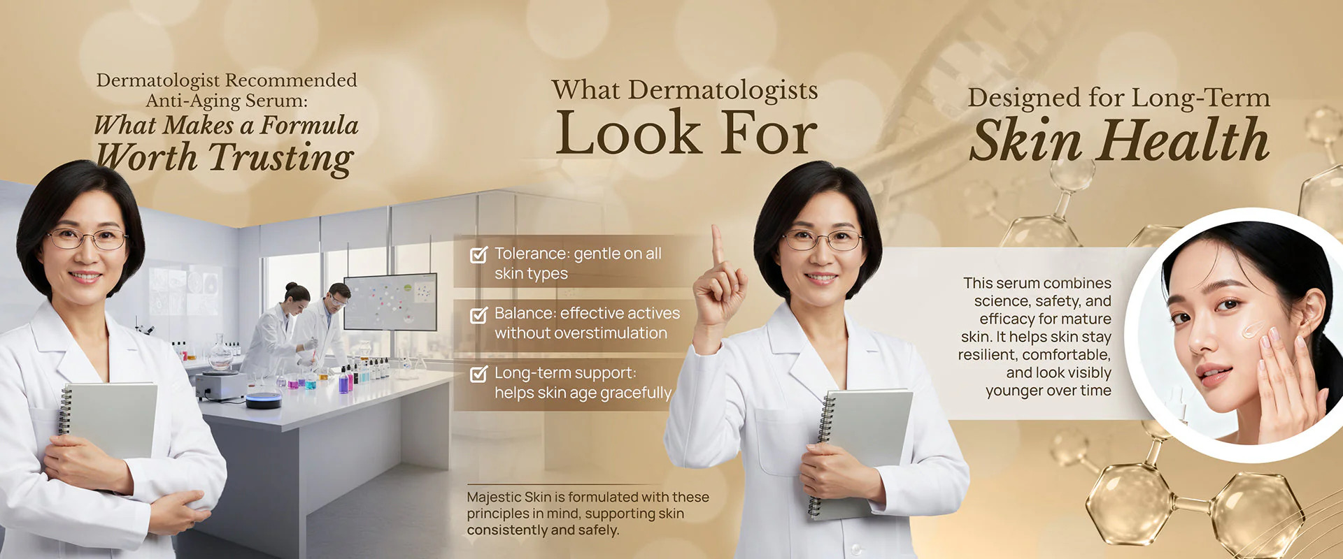 Dermatologist recommended anti-aging serum Majestic Skin showing professional-grade formulation with growth factors and balanced efficacy for mature skin care