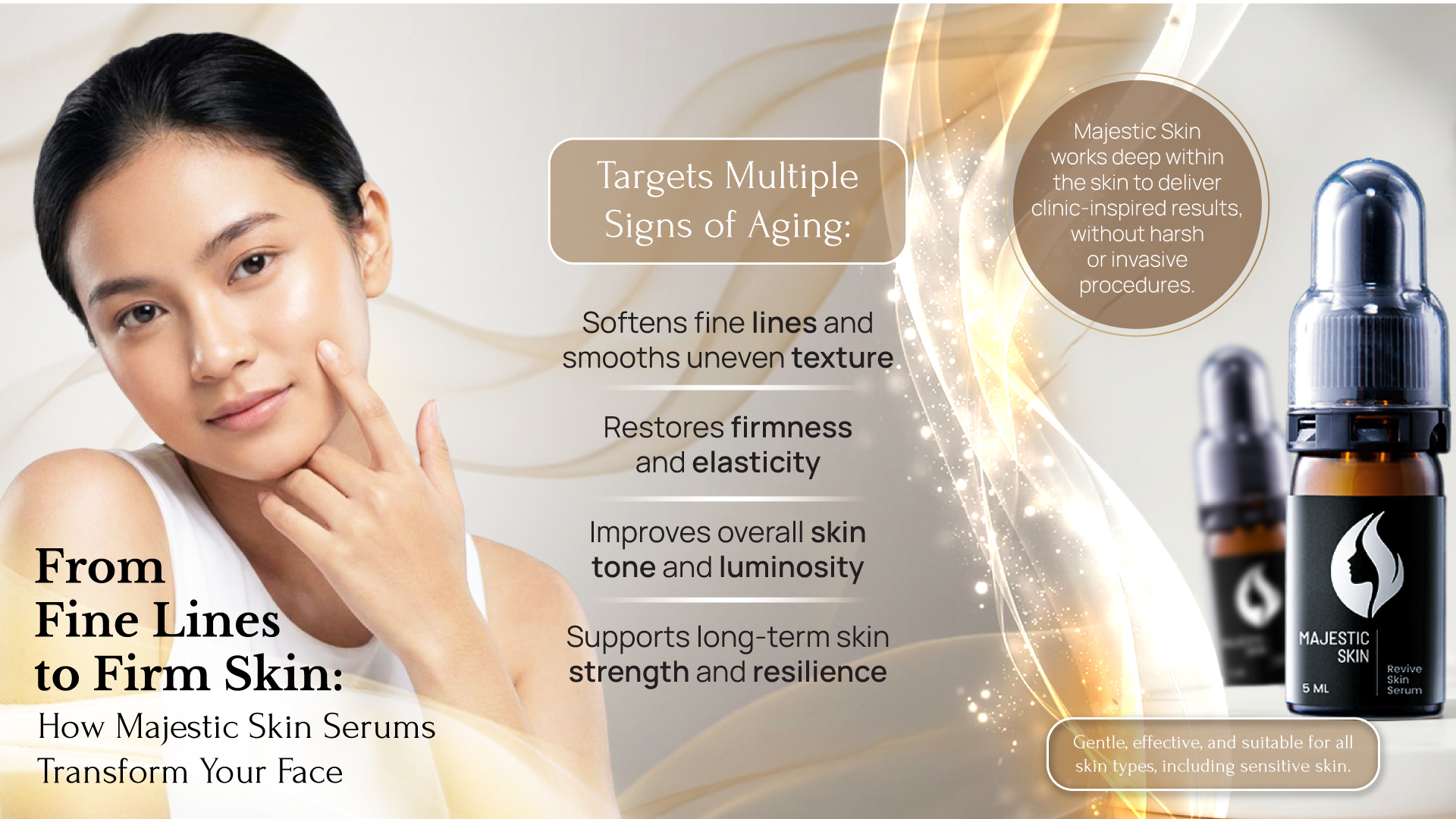 Sebelum and after facial transformation showing Majestic Skin recombinant peptide serum results with reduced fine lines, improved firmness, and enhanced skin texture