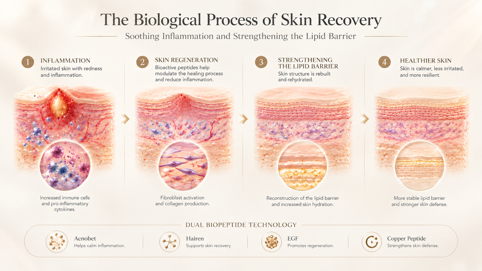 Infographic: The biological process of repairing inflamed skin tissue and strengthening the lipid barrier defense.