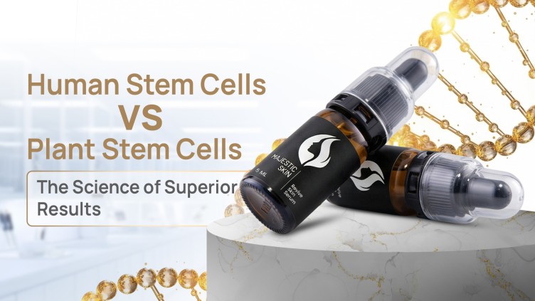 Side-by-side comparison of human ADSC-CM stem cell serum and plant stem cell extract showing biological difference in anti-aging results