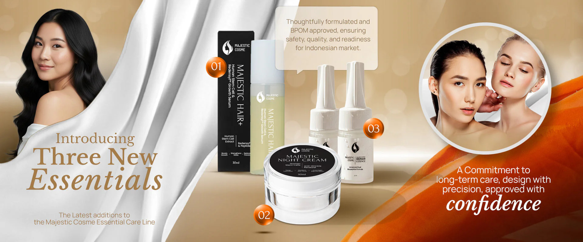 Three new Majestic Cosme Essential Care Line products with BPOM approval: Active Repair Essence for barrier restoration, Hair+ for scalp health, and Night Cream for overnight regeneration