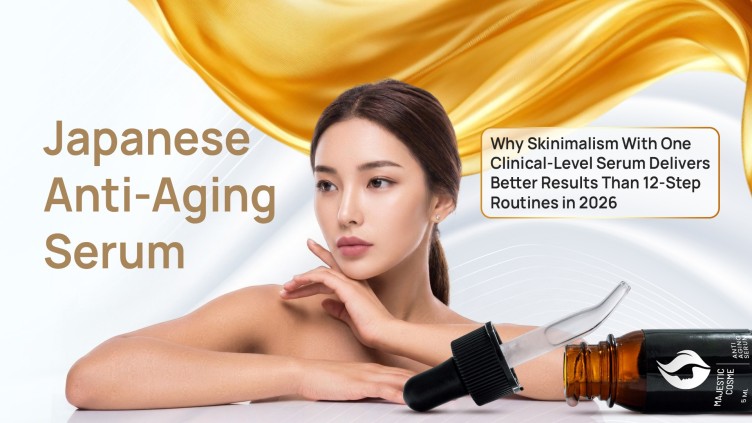 Japanese anti-aging serum Majestic Skin being applied to mature skin as part of a minimalist skincare routine