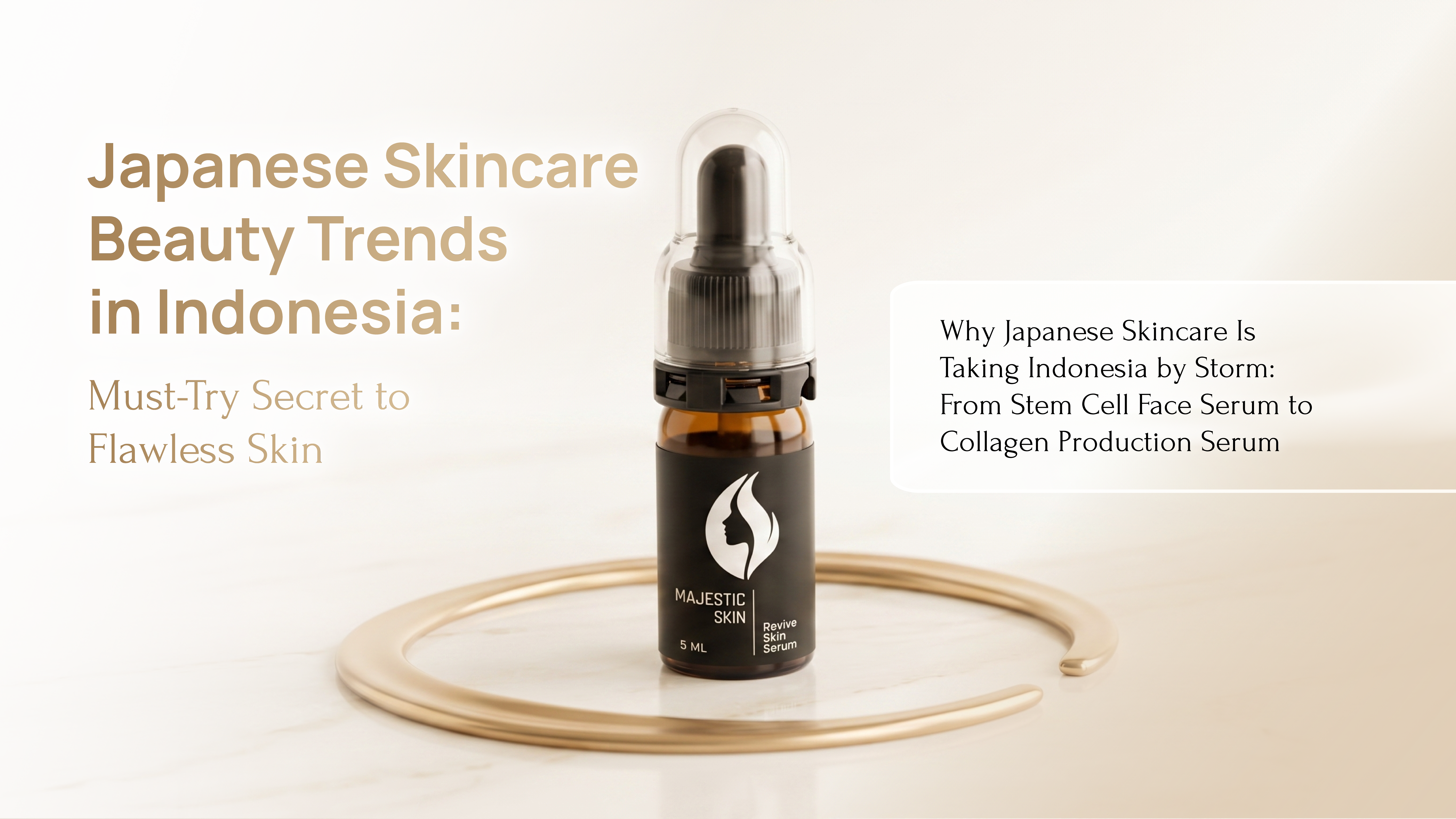 Display of Japanese skincare products including stem cell face serum and collagen production serum