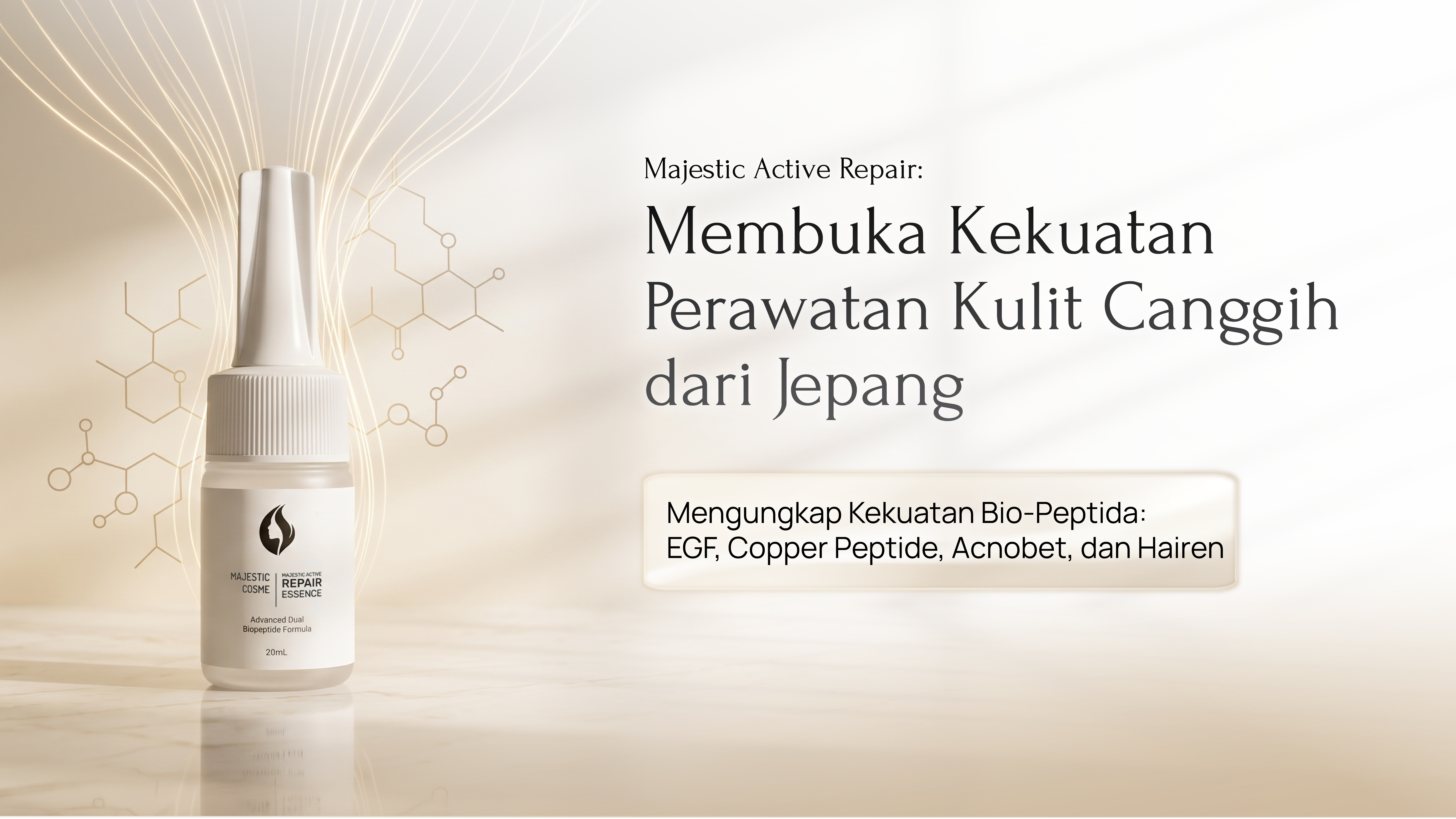 Majestic Active Repair Essence dengan teknologi biopeptida canggih untuk membantu merawat kulit berjerawat, memperbaiki skin barrier, dan menjaga kulit tetap sehat.