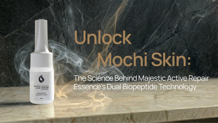 Majestic Active Repair Essence bottle featuring Dual Biopeptide Technology for regenerative skincare and Mochi Skin elasticity.