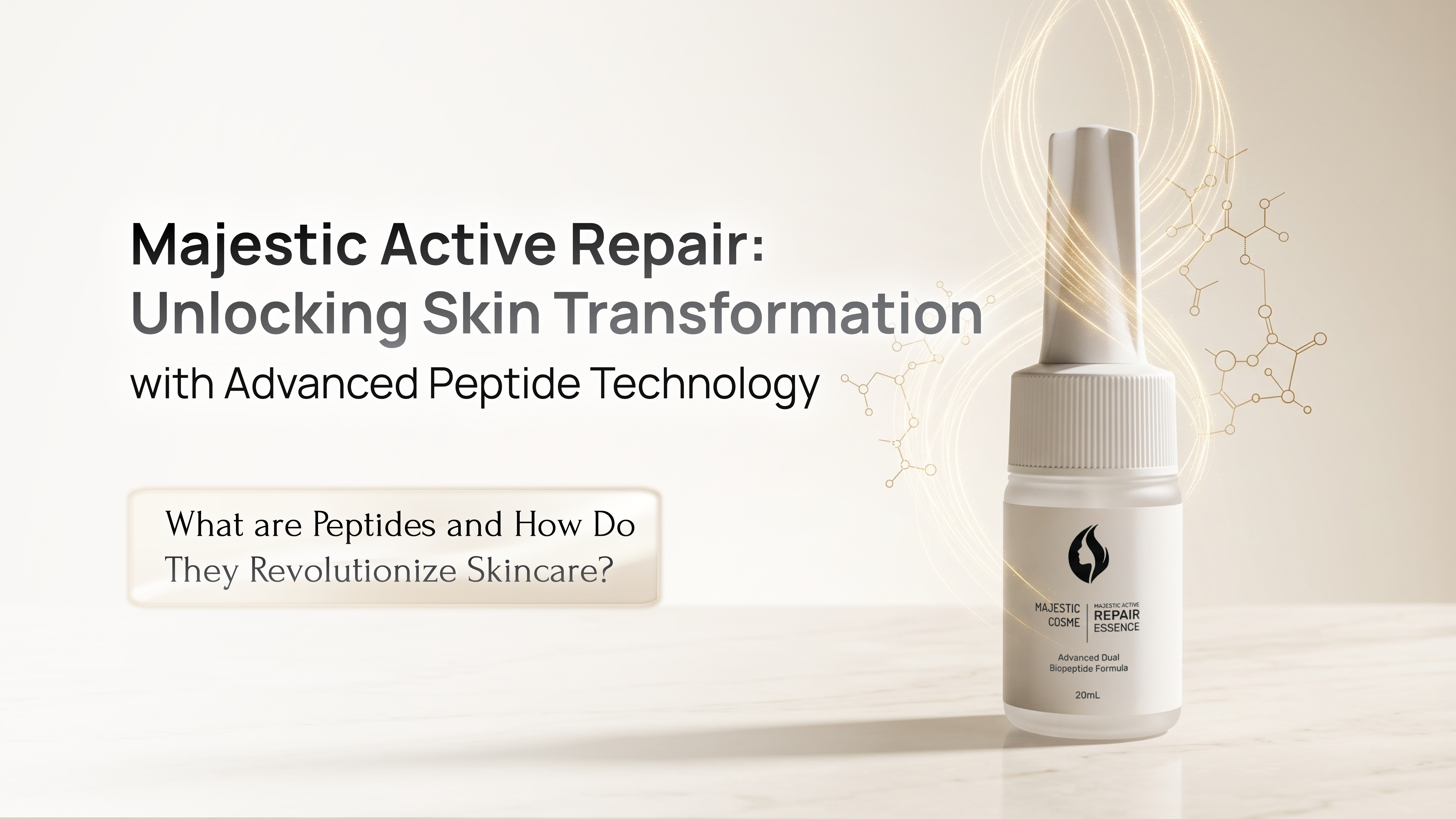 Majestic Active Repair Essence powered by advanced bio-peptides including EGF, Copper Peptide, Acnobet, and Hairen for healthier skin