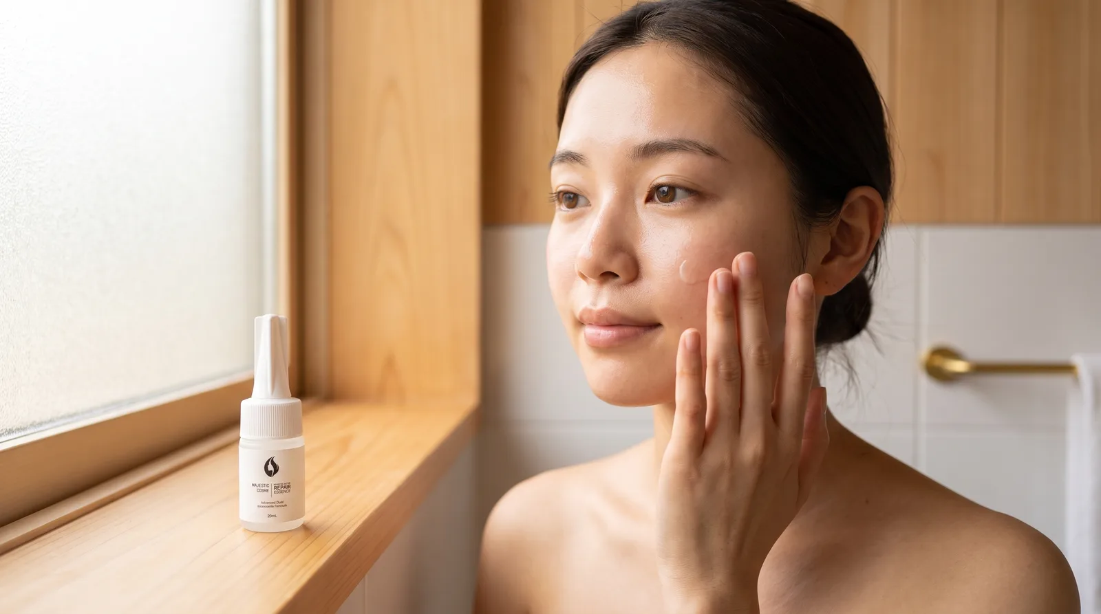 A young woman applying Majestic Active Repair Essence to her face, showcasing clear skin.