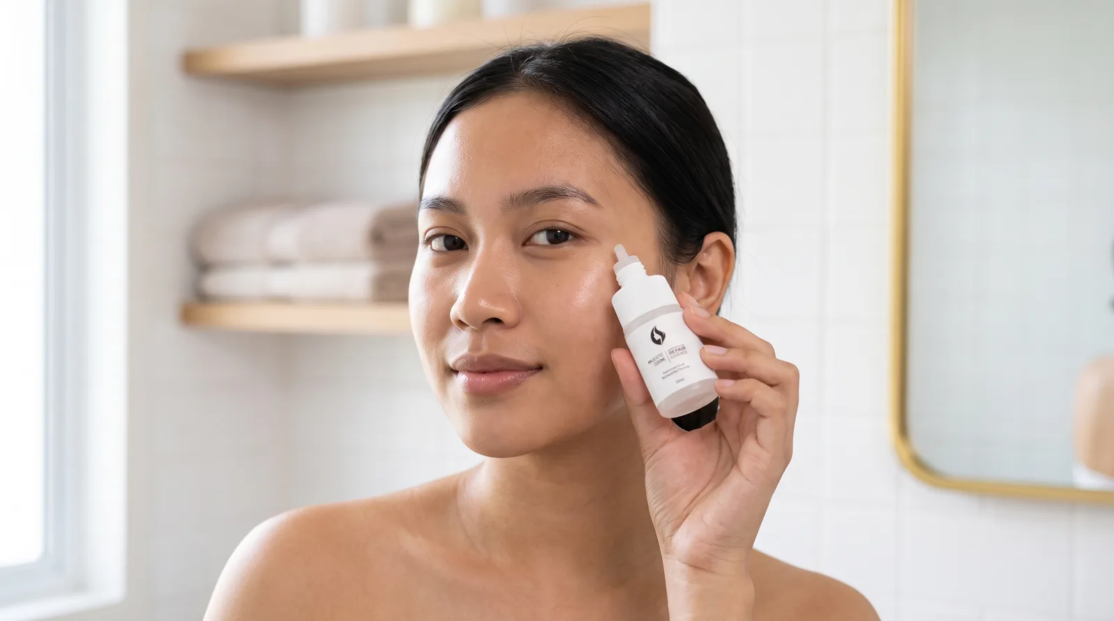 Seorang wanita muda mengaplikasikan Majestic Active Repair Essence ke wajahnya yang tampak bersih.